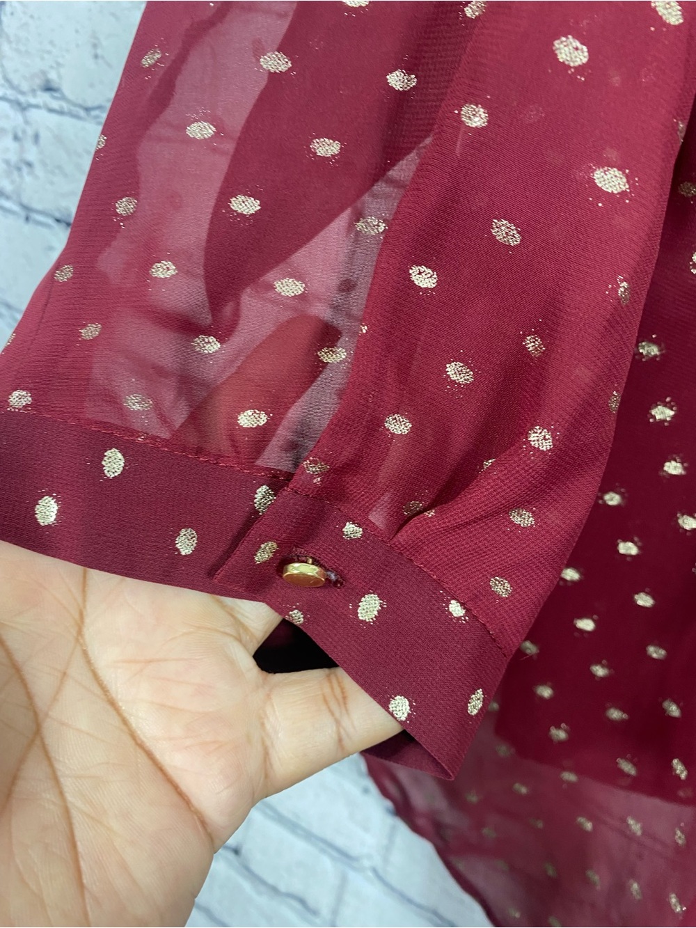 Liz Claiborne Career Woman 2X Burgundy Gold Polka Dot Sheer Blouse Plus Size - Picture 3 of 8